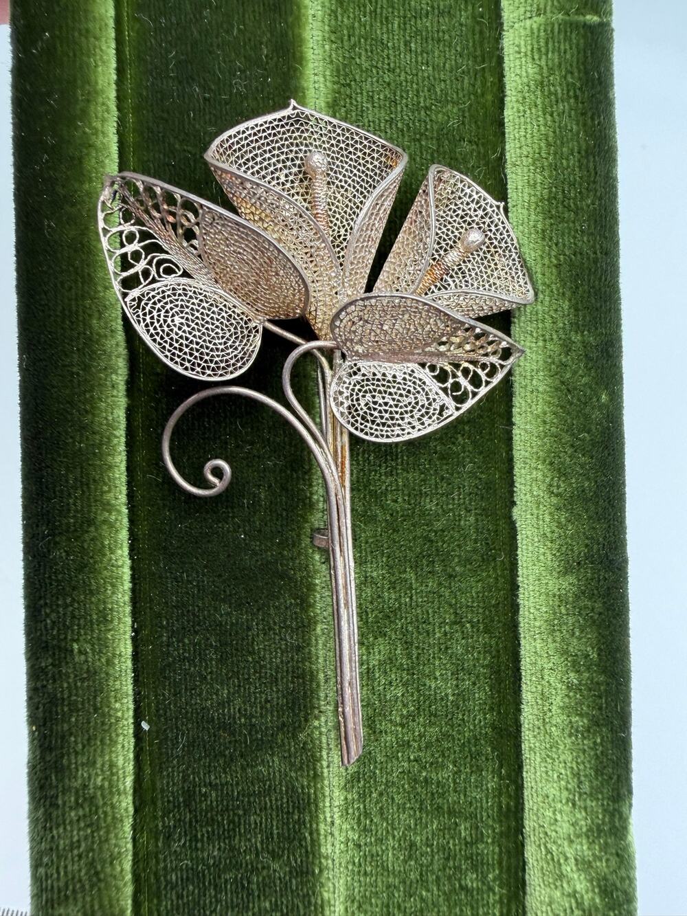 Beutiful Sterling Silver Filigree Calla Lily Flower Vintage Antique Brooch